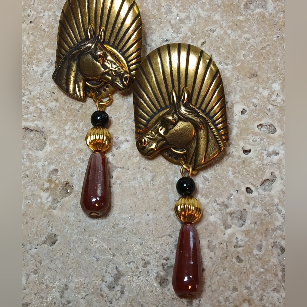Vintage Horse Head Beaded Dangle Western POST Earrings Antique Brass